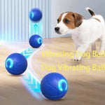 Dog playing with a blue vibrating ball on a wooden floor. - Automatic Rolling Ball Dog Toy