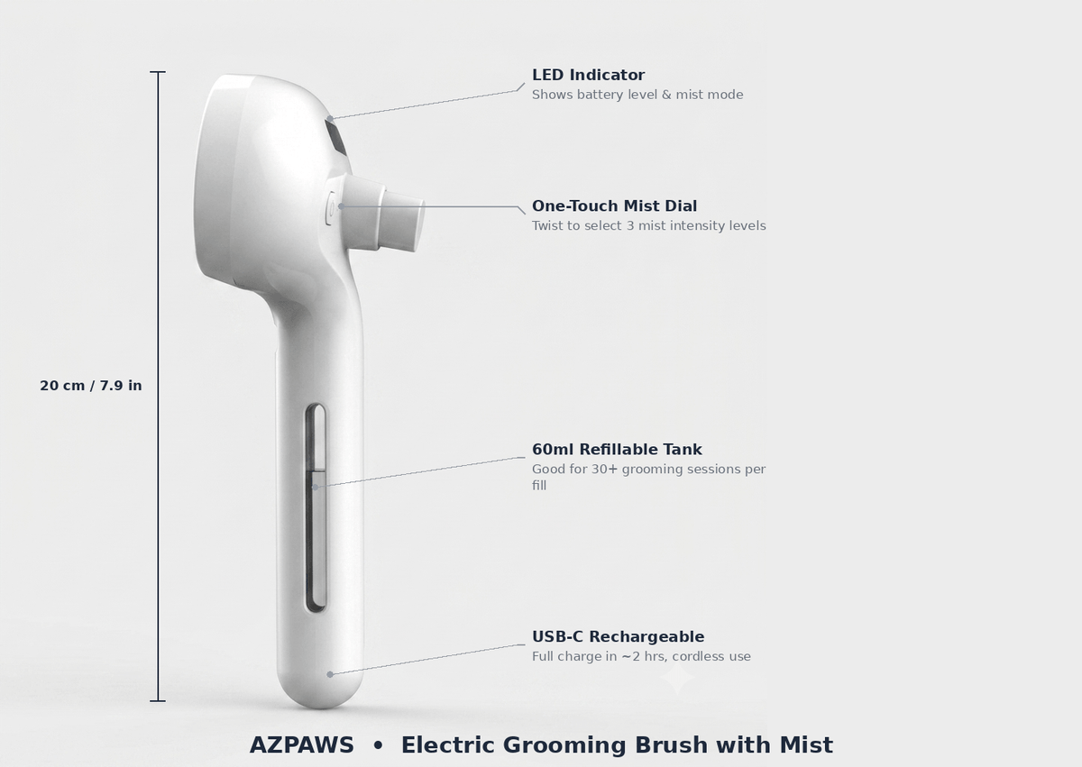 AZPAWS rechargeable mist grooming brush specs 60ml tank USB-C dog cat brush