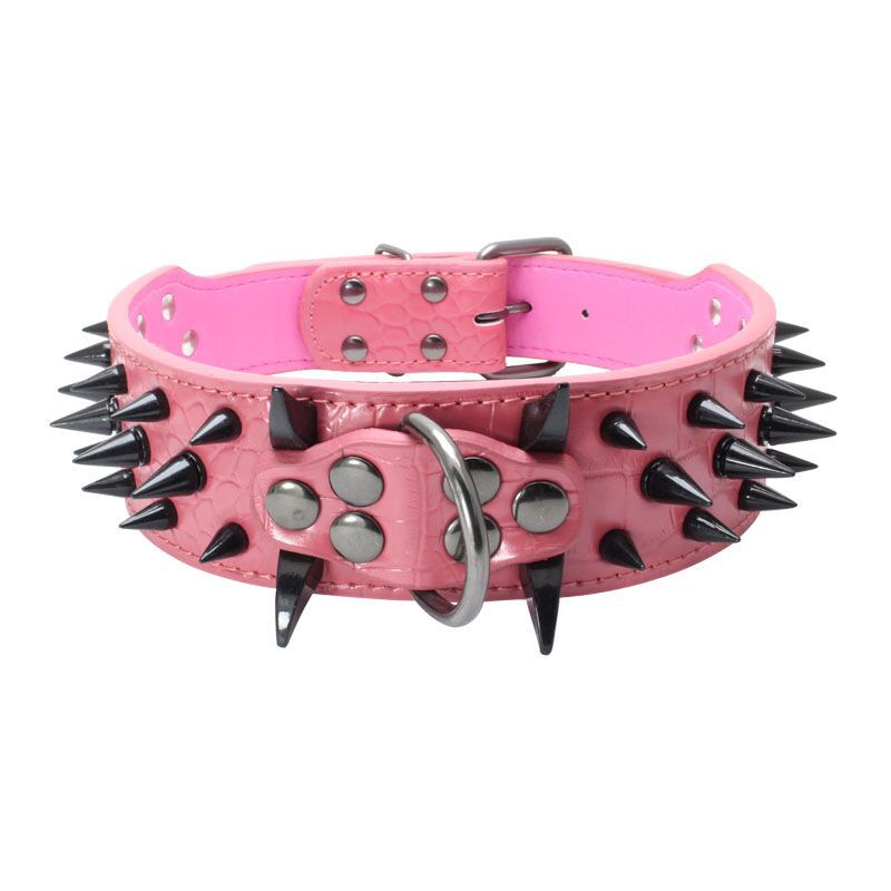 Rose red spiked leather dog collar - adjustable rivet collar with secure buckle for large powerful dogs - AZPaws
