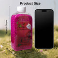 Bottle of cat litter deodorizing beads with dimensions and a smartphone for scale, set against a grassy background.- AZPaws