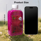 Bottle of cat litter deodorizing beads with dimensions and a smartphone for scale, set against a grassy background.- AZPaws