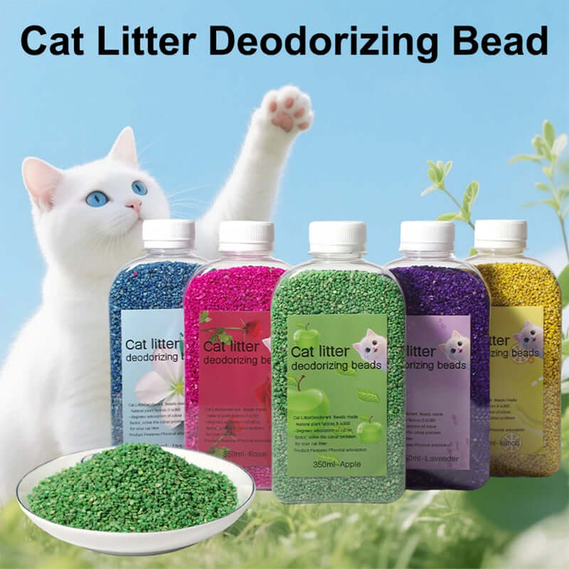 Cat litter deodorizing beads with a white cat and green cat litter on a blue background - AZPaws