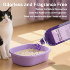 Cat sitting next to a purple litter box with a bottle of deodorant being poured into it, with text about odorless and fragrance-free products. - AZPaws