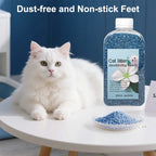 White cat sitting next to a bottle of cat litter deodorizing beads with text 'Dust-free and Non-stick Feet'. - AZPaws