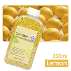 Cat litter deodorizing beads container with lemon scent on a background of lemons - AZPaws