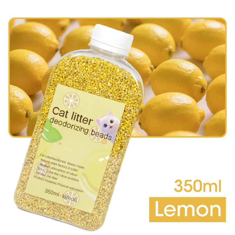 Cat litter deodorizing beads container with lemon scent on a background of lemons - AZPaws
