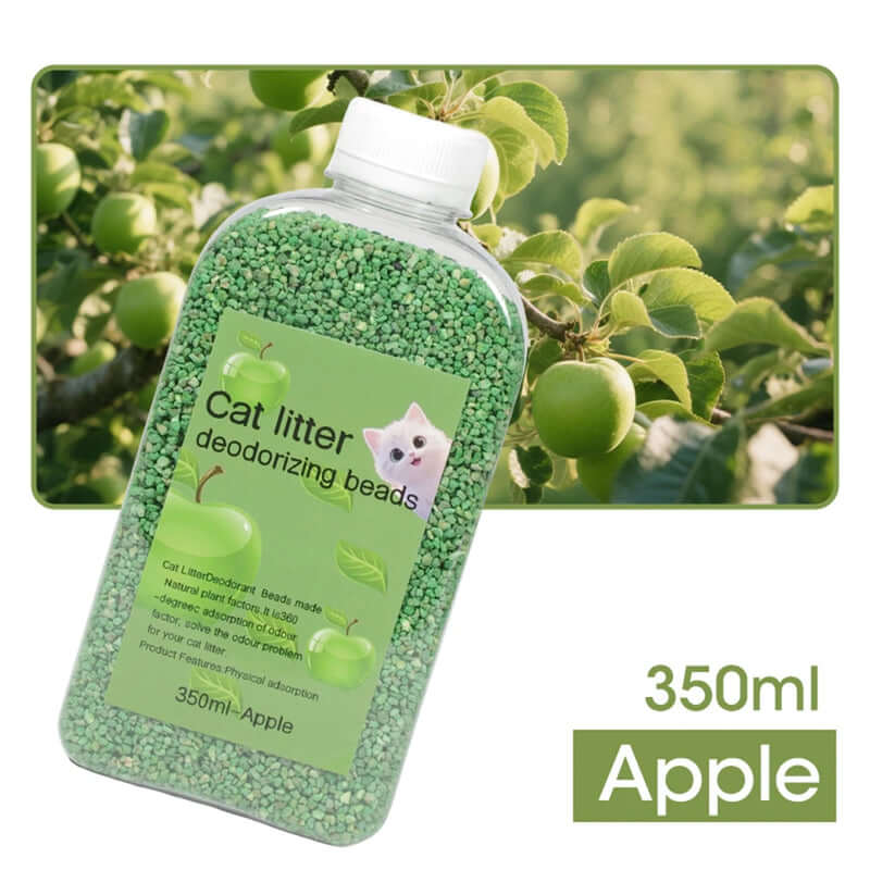 Green cat litter deodorizing beads in a bottle with an apple tree -background -AZPaws