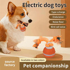 Dog playing with an electric toy, with text highlighting features and availability.-AZPaws