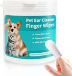Pet ear cleaner finger wipes with a container and a hand holding a wipe.
