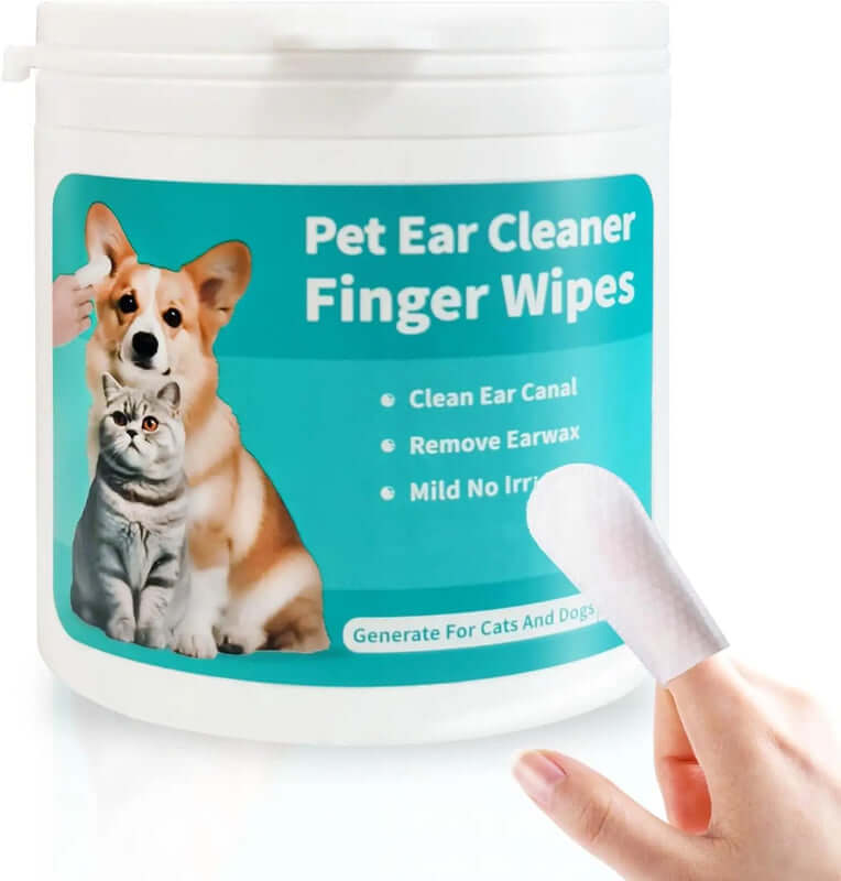 Pet ear cleaner finger wipes with a container and a hand holding a wipe.
