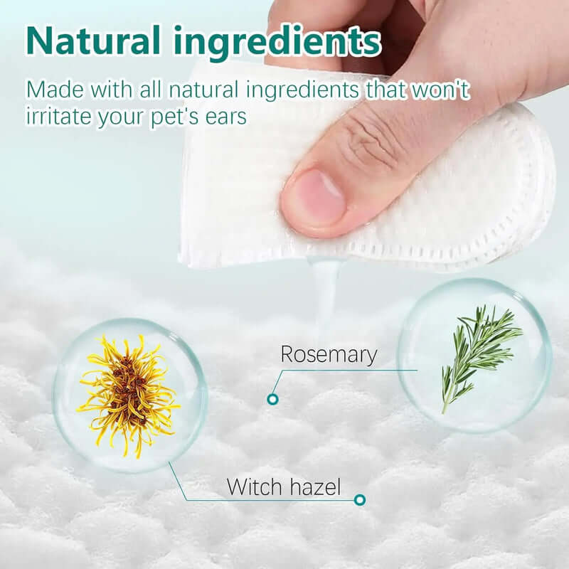 Pet ear cleaning product with natural ingredients like rosemary and witch hazel on a white background.