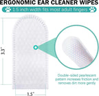 Ergonomic ear cleaner wipes with measurements and design details on a white background
