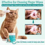 Cat being shown using ear cleaning wipes with before and after images on a light blue background.