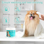 Dog being cleaned with pet ear cleaner finger wipes, featuring icons for alcohol-free, paraben-free, fragrance-free, and non-toxic products.