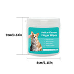 Pet ear cleaner finger wipes packaging with dimensions and a dog illustration on a white background