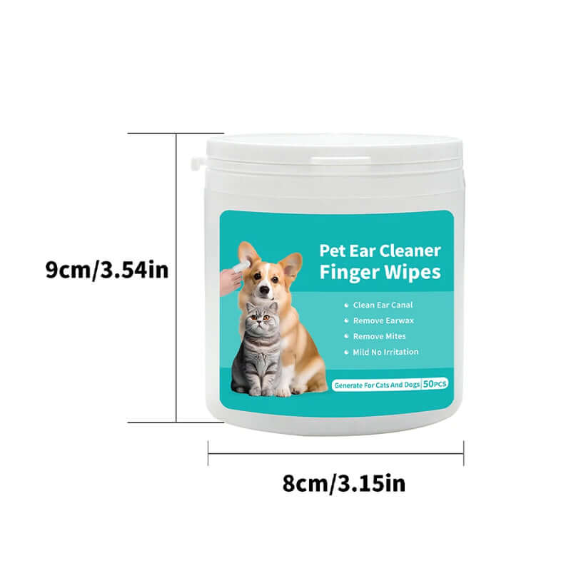 Pet ear cleaner finger wipes packaging with dimensions and a dog illustration on a white background