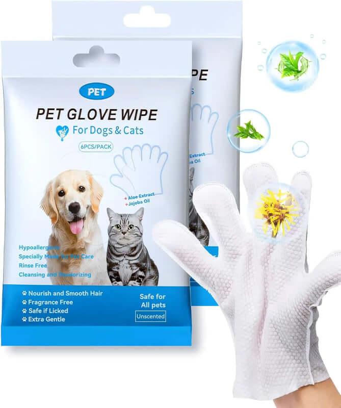 Pet glove wipes packaging with gloves displayed in front
