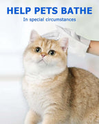 Cat with a white towel over its head, text 'HELP PETS BATHE In special circumstances' on a light blue background