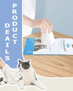 Person holding a white glove with a cat lying on a table, product details text on the side.