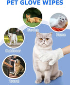 Pet glove wipes with images of a cat, dog, and person interacting with pets in different settings on a blue background.