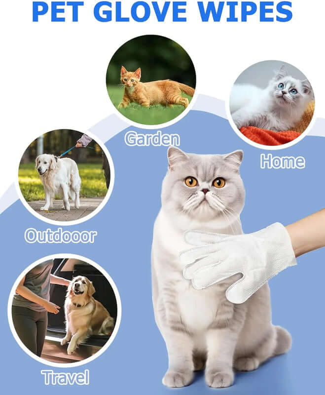 Pet glove wipes with images of a cat, dog, and person interacting with pets in different settings on a blue background.