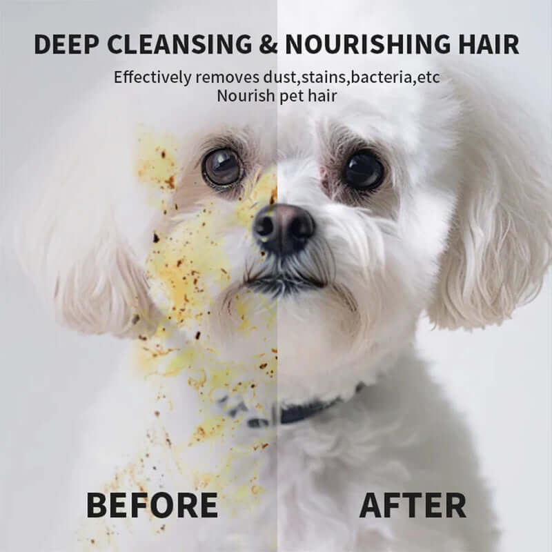 Before and after comparison of a dog's hair with text about deep cleansing and nourishing hair.