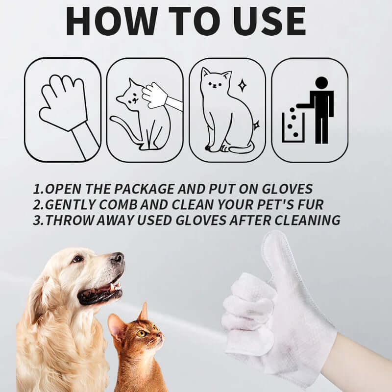 Instructions on how to use pet grooming gloves with a dog and cat illustration.