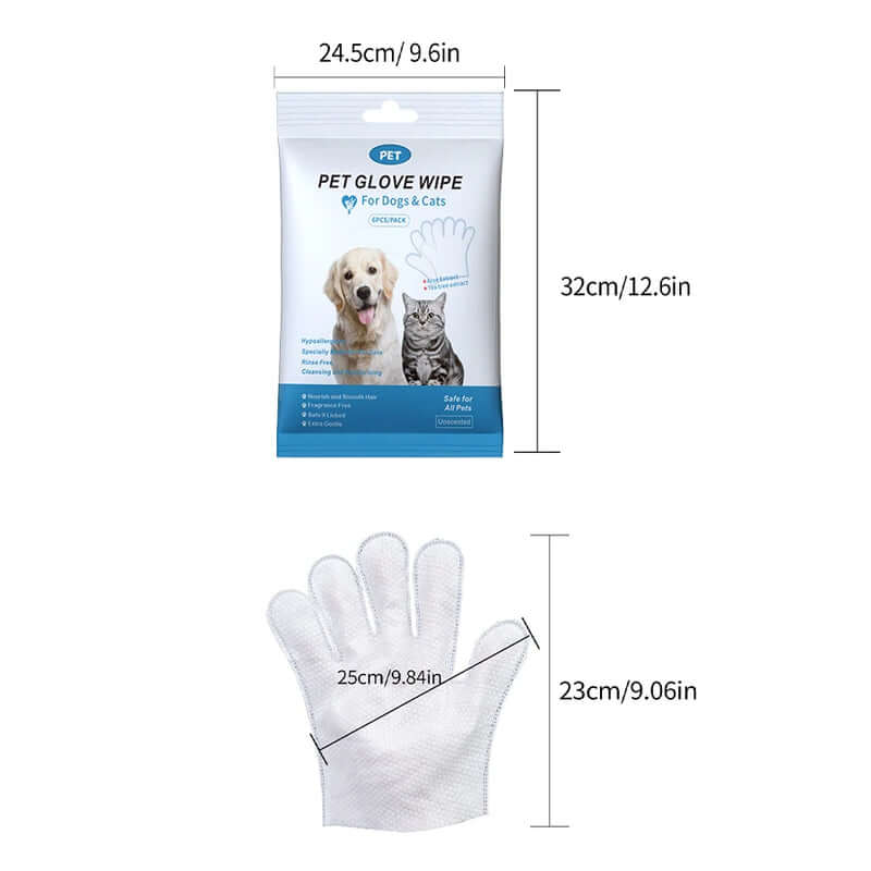 Pet glove wipe packaging with dimensions and a sample glove displayed on a white background
