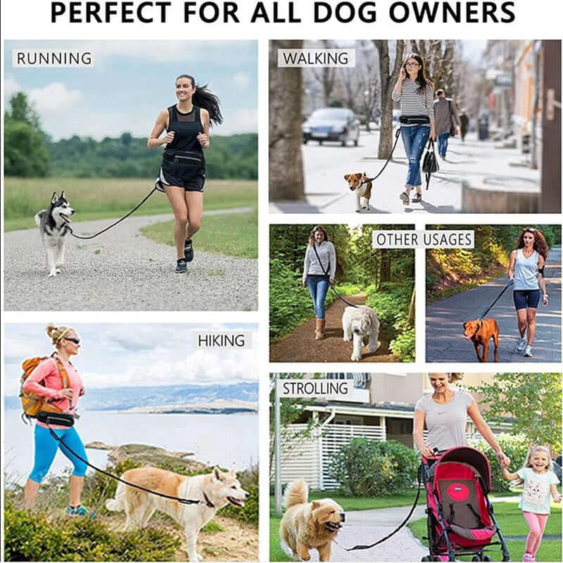 Collage of people using a dog leash for running, walking, hiking, and strolling with dogs- AZPaws