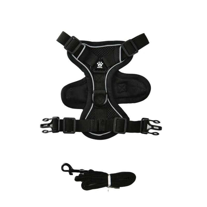Black dog harness with reflective stripes and a leash on a white background- AZPaws