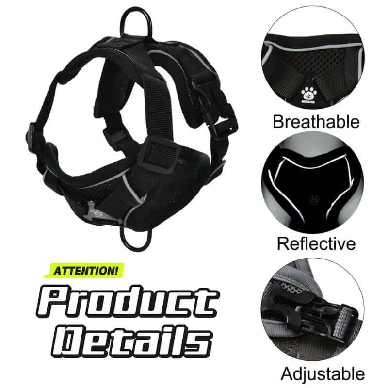 Black dog harness with features highlighted on a white background - AZPaws