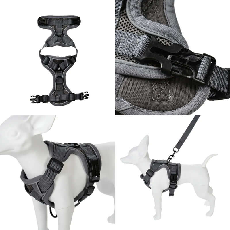 Dog harness with various views including close-up and on a mannequin.- AZPaws