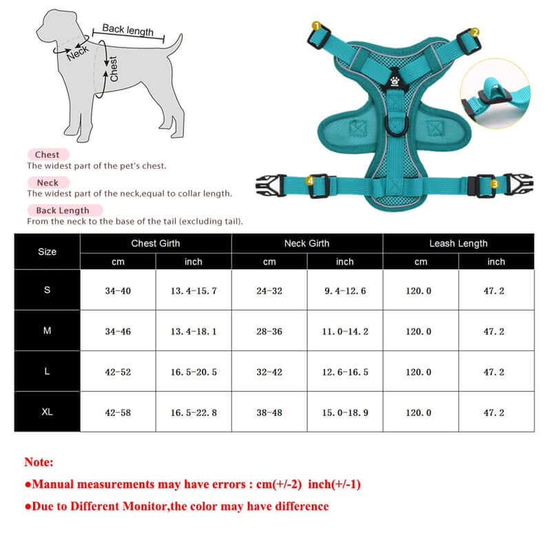 Teal dog harness with measurement chart for pet sizing on a white background - AZPaws