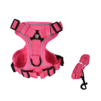 Pink dog harness with reflective stripes and a matching leash on a white background - AZPaws