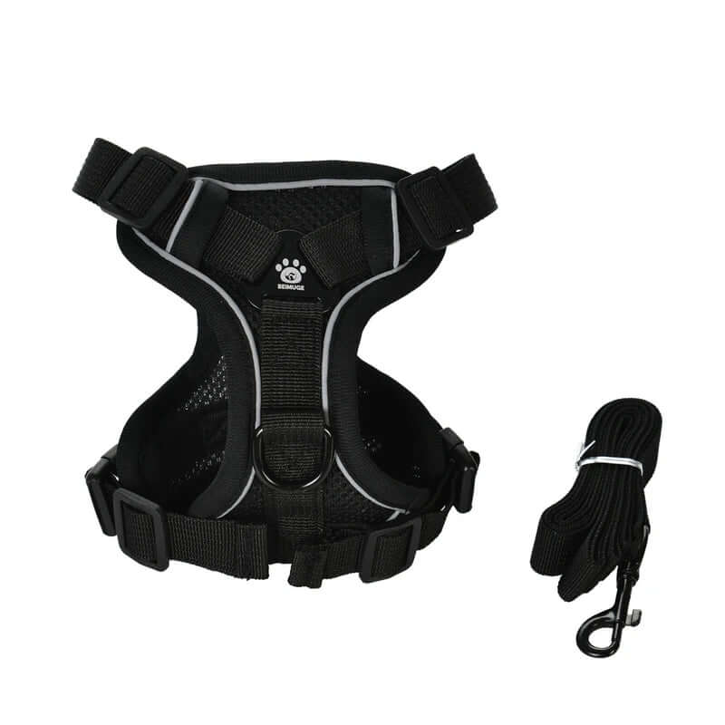 Black dog harness with a leash on a white background - AZPaws