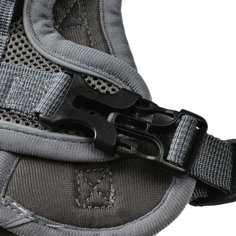 Close-up of a gray tactical vest with a black buckle on a white background- AZPaws