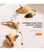 Three plush mouse toys with feather tails on a light background, labeled 'Intelligent head-down automatic obstacle avoidance' by Smart Pets.- AZPaws