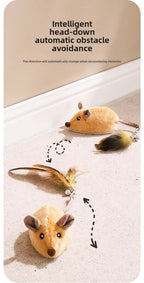 Two toy mice with a label indicating 'intelligent head-down automatic obstacle avoidance' on a beige background.- AZPaws