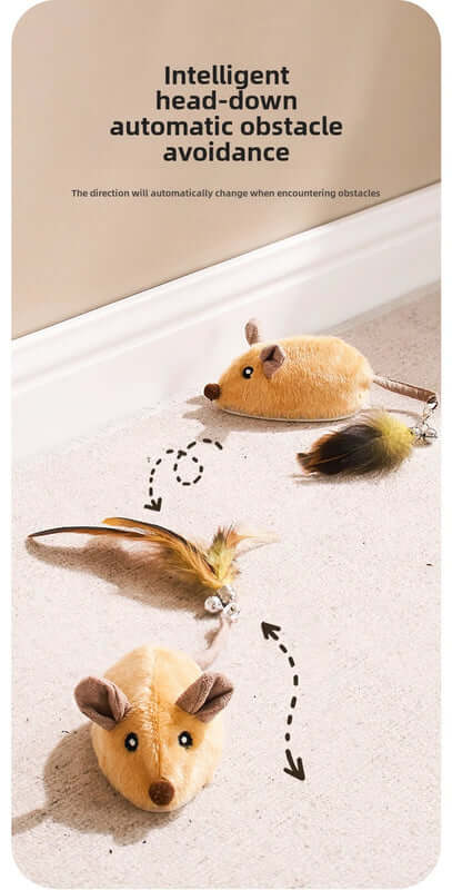 Two toy mice with a label indicating 'intelligent head-down automatic obstacle avoidance' on a beige background.- AZPaws
