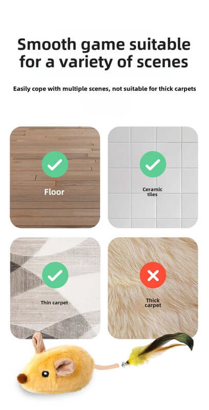 Product compatibility chart for a toy mouse with different flooring types on a white background.- AZPaws