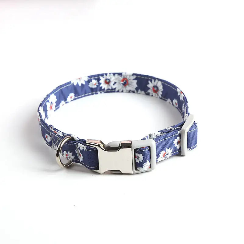 Blue flower pattern cotton dog collar - cute design for small to large dogs - AZPaws